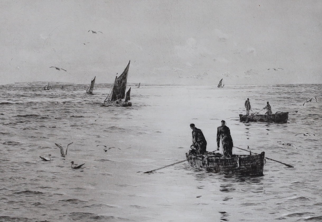 Rowland Langmaid (1897-1956), two etchings, Fishing boats at sea, signed in pencil, 14 x 22cm and 18 x 24cm